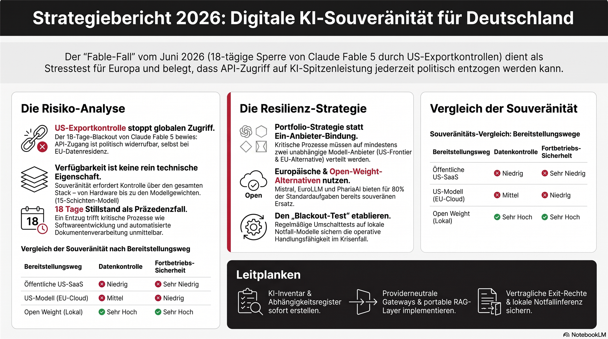 Strategiebericht 2026: Digitale KI-Souver&auml;nit&auml;t f&uuml;r Deutschland &ndash; Infografik zu Risiko-Analyse, Resilienz-Strategie und Souver&auml;nit&auml;ts-Vergleich